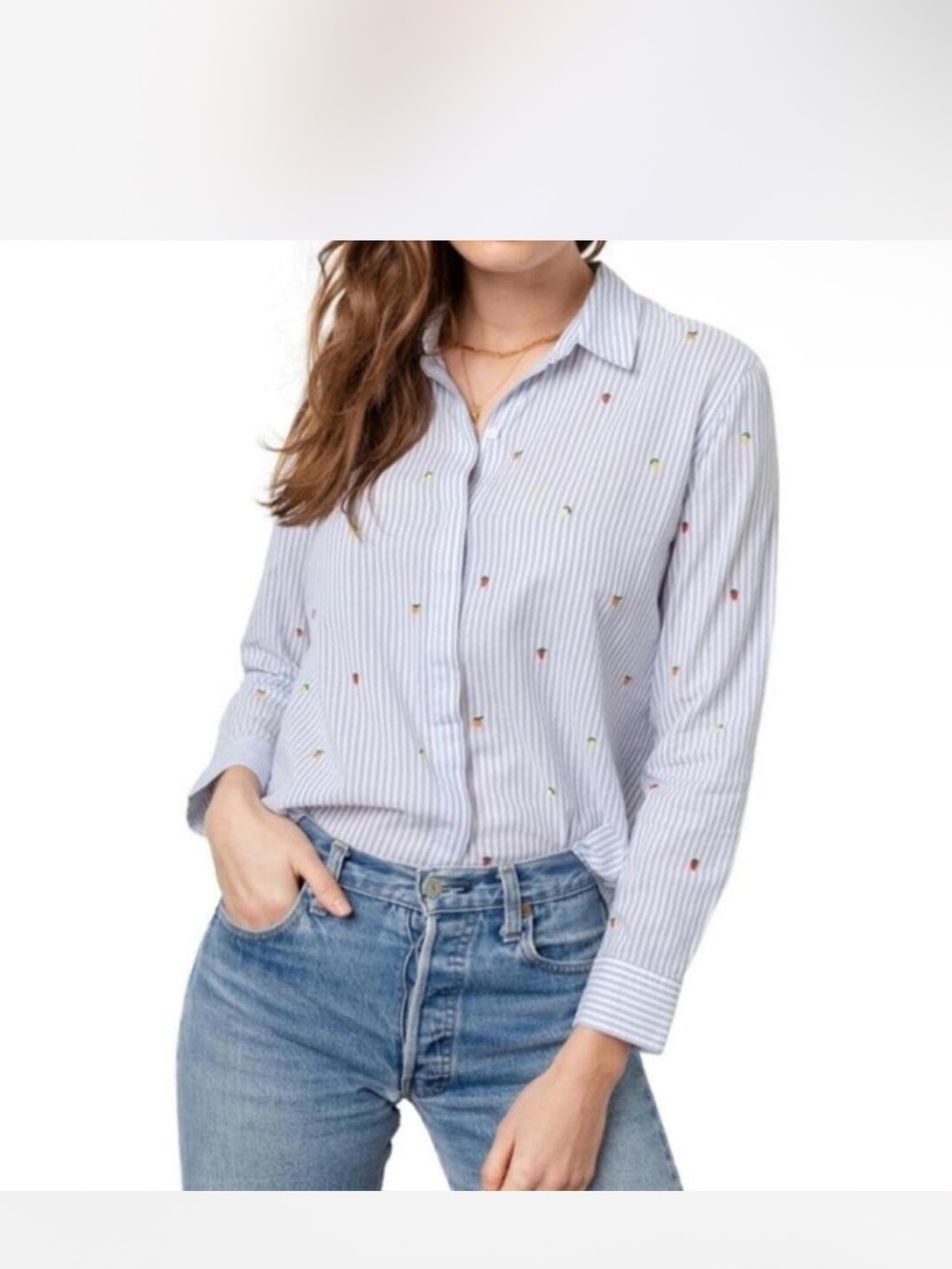 Rails Blue Pinstripe Button-Down Shirt with Micro Fruit Embroidery